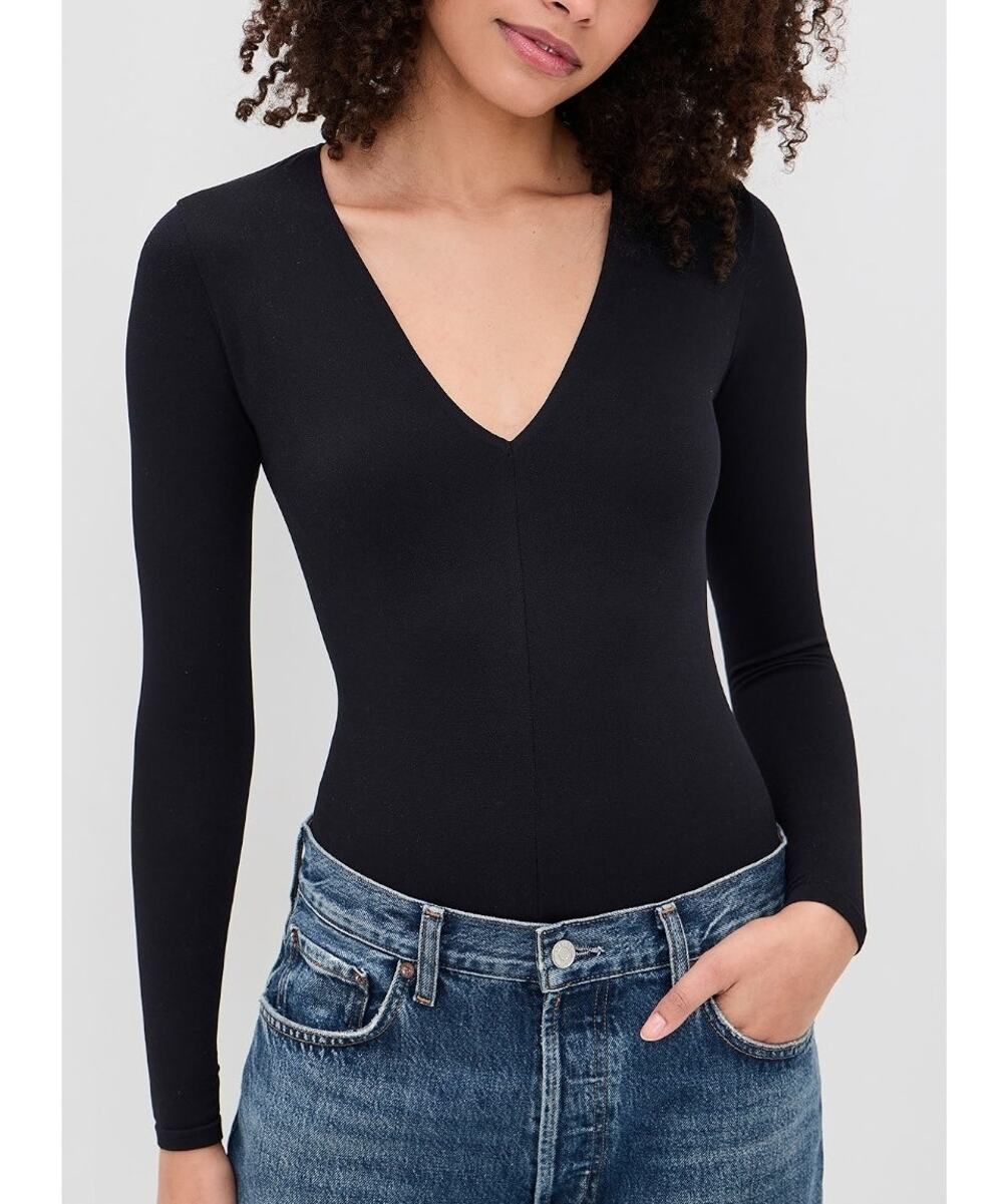 Commando Prima Ballet Deep-V Long Sleeve Bodysuit One Size Black Stretch Dance